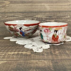 Vintage Japanese Geisha Girls Bowls, Tea Cups Red Rim